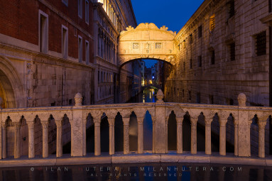 Bridge of Sighs (Ponte dei Sospiri in Italian) is a covered bridge, that connects Doge's palace (the left building) with the prison. It was built in the year 1600 and it is one of the most viewed landmarks in Venice. I must say I'm baffled by its popularity. It's located above a narrow canal, in the shadow of Doge's palace and not "stunningly nice". Nevertheless, millions and millions of tourists stop there for a long while and take the picture. This is how it looks without the crowds.