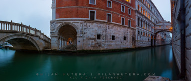 Taken on a rainy March Morning, this panaorama depicts Ponte della Paglia on the left, the Doge's palace in the middle and Ponte dei Sospiri - Bridge of Sighs on the Right. This view was inspired by very similar photo of Italian photographer Paolo de Faveri. There are some subtle differences. The archway of Doge's palace is visible and if you're lucky, you can even catch a glimpse of "The Doge's Ghost" walking under it.