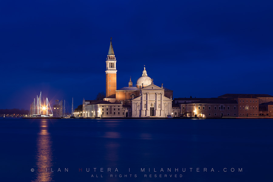 Dark heavy clouds create perfect conditions for the blue hour at Isola de San Giorgio Maggiore, Venice