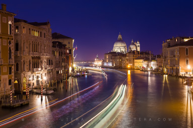 The famous view of Gran Canal from Ponte dell' Accademia is captivating any time of day. But I feel the most interesting is just after the sunset during the "rush hour". The last light of the day is still visible in the sky, the city ligths come alive and the boats create those fantastic long streaks of light.