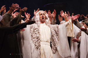 Zaccaria, high priest of the Jews, raises his hands along with other singers during the open air rendition of Nabucco. Nabucco is an four act opera composed in 1841 by Giuseppe Verdi. The open air opera was held in the gardens of Lednice Castle.