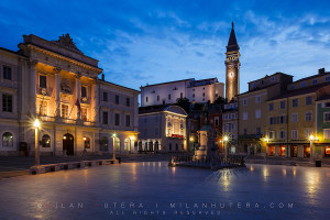 Dawn on the Tartini Square of Piran, the ancient port city of Slovenia