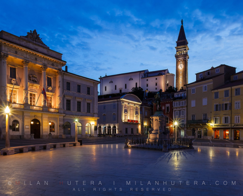 Dawn on the Tartini Square of Piran, the ancient port city of Slovenia