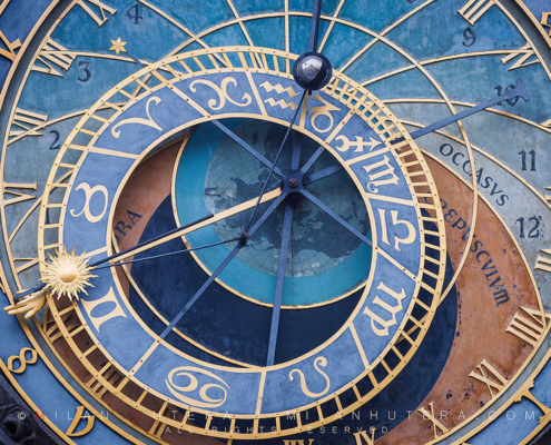 The astronomical clock of Prague was first installed in 1410 and it's the oldest astronomical clock in the world, that's still operational. I captured its face in a soft May morning light.