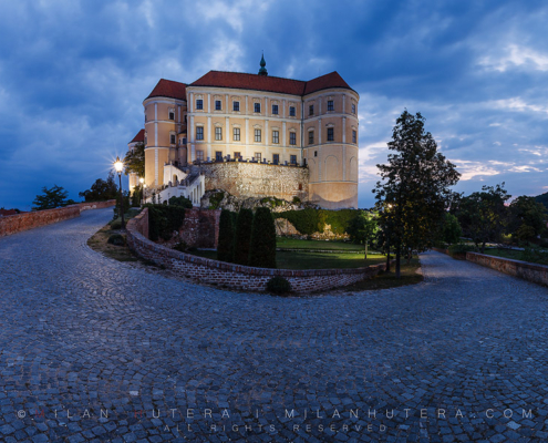 A cloudy September dawn at the beautiful fortress in Mikulov, Moravia. This fortress was one of the several castles owned by the Dietrichstein family. The castle was almost completely destroyed by the massive fire at the end of World War Two. It was restored to its former glory in the mid-20th century.