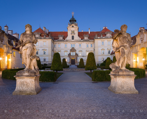 A beautiful and subtle pre-dawn glow on the courtyard of Valtice Castle. It was the seat and residence of the Liechtenstein family. It is a part of Lednice-Valtice Cultural Landscape, that is registered as UNESCO World Heritage Site.