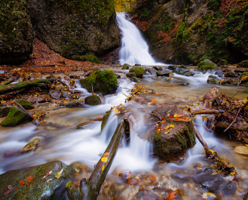 A colorful autumn at Kraliky waterfall in Central Slovakia. This small gorge is located just outside Banska Bystrica with the 7 meter tall waterfall at its end. The amount of water running throught the waterfall was impressive on this overcast autumn day.