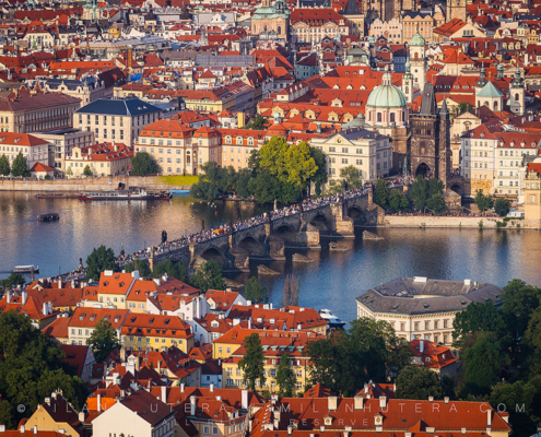 A late afternoon view of Charles' bridge and Prague's old town from Petriny tower.