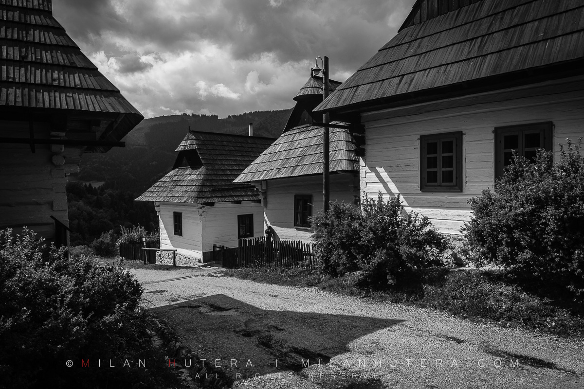 A Black&White rendition of the houses of Vlkolinec - a hilltop village located in Northern Slovakia. It has been a part of UNESCO World Heritage Site since 1993 for accurately displaying the way of life in the villages of Central Europe.