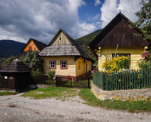 The old loghouses of Vlkolinec Village in a late summer morning light. Vlkolinec is a hilltop village located above the town of Ruzomberok, Northern Slovakia. It has been a part of UNESCO World Heritage Site since 1993 for its accurate display of the historic village settlements in Central Europe. It consists of more than 40 loghouses. Its current population is less than 20.