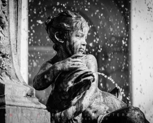 A detail of the Fountain of Ganymede, captured during a sunny October Afternoon. Fountain of Ganymede is located in front of historic opera house in Bratislava Old Town. The fountain was unveiled in 1888 after the building was finished.