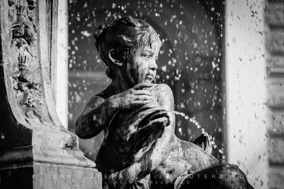 A detail of the Fountain of Ganymede, captured during a sunny October Afternoon. Fountain of Ganymede is located in front of historic opera house in Bratislava Old Town. The fountain was unveiled in 1888 after the building was finished.