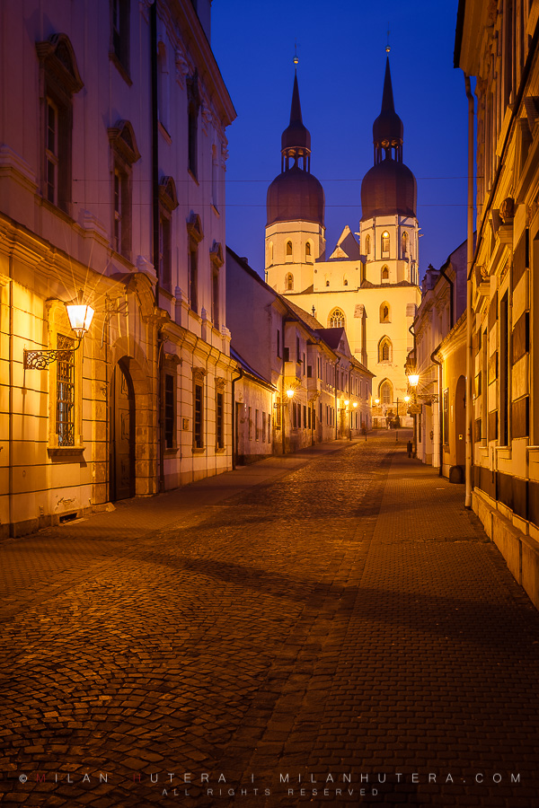 An Evening view of the Basilica of Saint Nicolas. Built between 1380 - 1421 AD, it's north tower houses one of the largest bells in Europe. Because of large number of churches,Trnava is nicknamed "Little Rome".