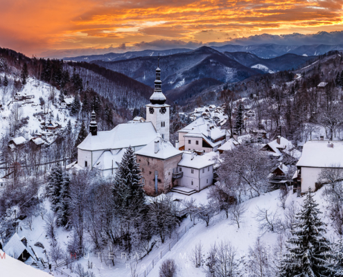 An incredible display of sunset colors at the famous overlook of Spania Dolina. The entire valley received a decent snowfall the very same day. Spania Dolina is a famous mining village in Central Slovakia. The hill in the middle of the village houses the Church of Transfiguration.