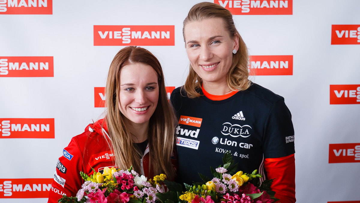 Anastasiya Kuzmina and Paulina Fialkova met the press at Viessmann Slovakia Headquarters after their successful appearances at Pyeongchang 2018 Winter Olympic Games.