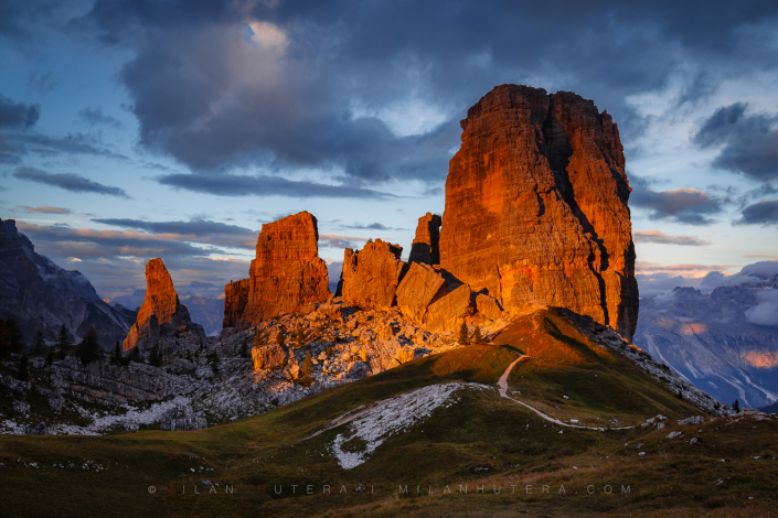 Cinque Torri Sunset, Dolomites, Italy A sunset photo of Cinque Torri, famous rock formation outside of Cortina d'Ampezzo, Dolomites, Italy