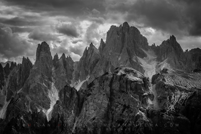 Dark Towers – Cadini di Misurina, Dolomites, Italy A dramatic black and white rendition of a cloudy early afternoon light at Cadini di Misurina. The sharp jagged peaks are located in the vicinity of Tre Cime di Lavaredo mountain range.