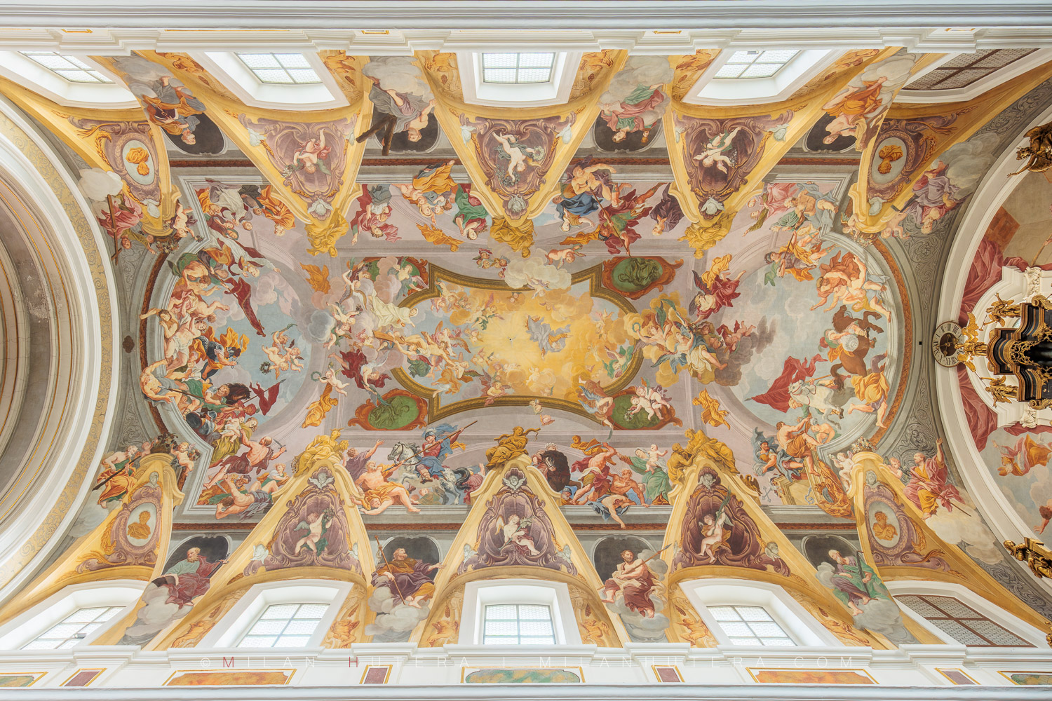 Symmetrical photograph of the Baroque Ljubljana Cathedral ceiling fresco by Giulio Quaglio