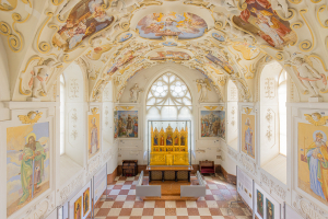 Interior of Bojnice Castle chapel featuring the medieval Nardo di Cione altar, shot from the upper balcony.