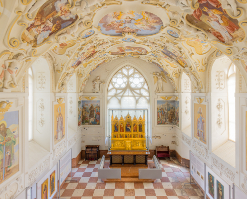 Interior of Bojnice Castle chapel featuring the medieval Nardo di Cione altar, shot from the upper balcony.