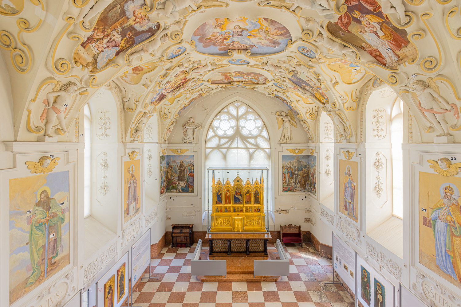Interior of Bojnice Castle chapel featuring the medieval Nardo di Cione altar, shot from the upper balcony.