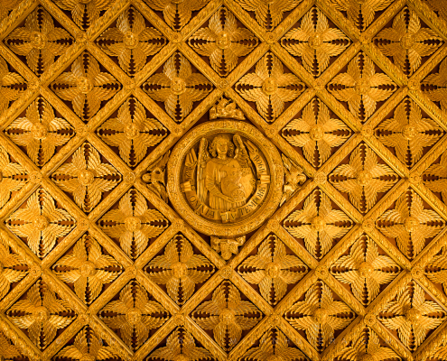 A view of Golden Hall ceiling in Bojnice Castle with the Latin inscription 'Omnia Cum Tempore