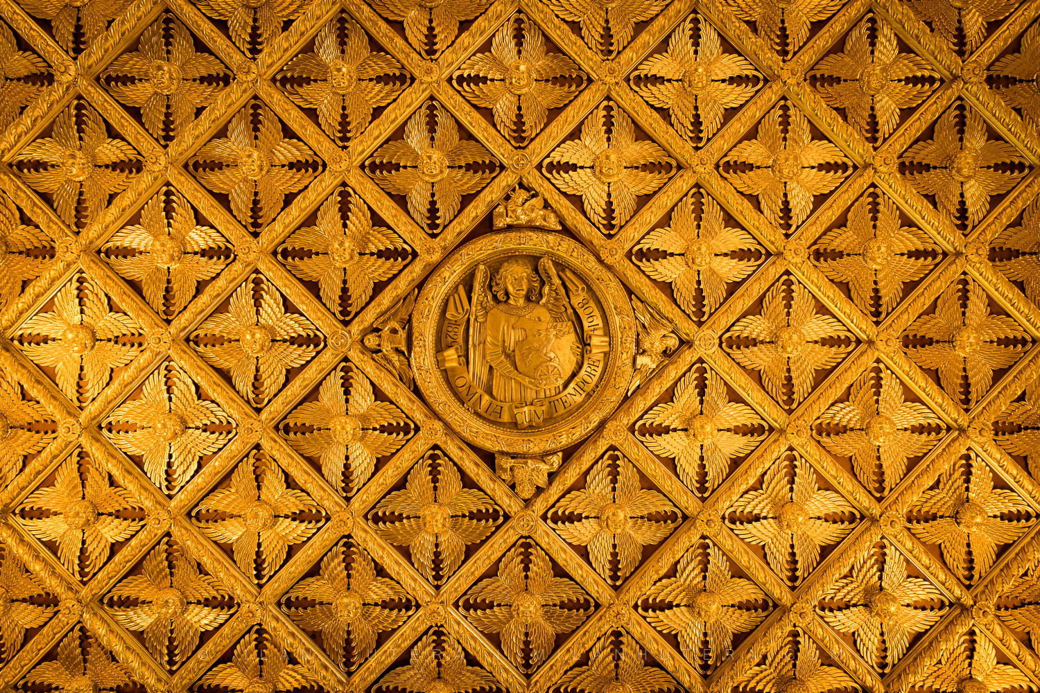 A view of Golden Hall ceiling in Bojnice Castle with the Latin inscription 'Omnia Cum Tempore