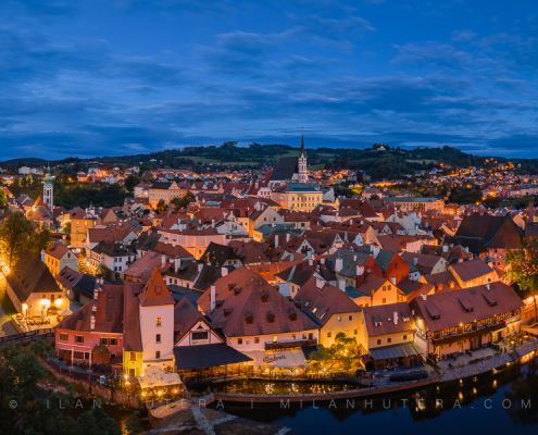 Český Krumlov panoramic photograph taken from the usually closed castle restaurant terrace during blue hour