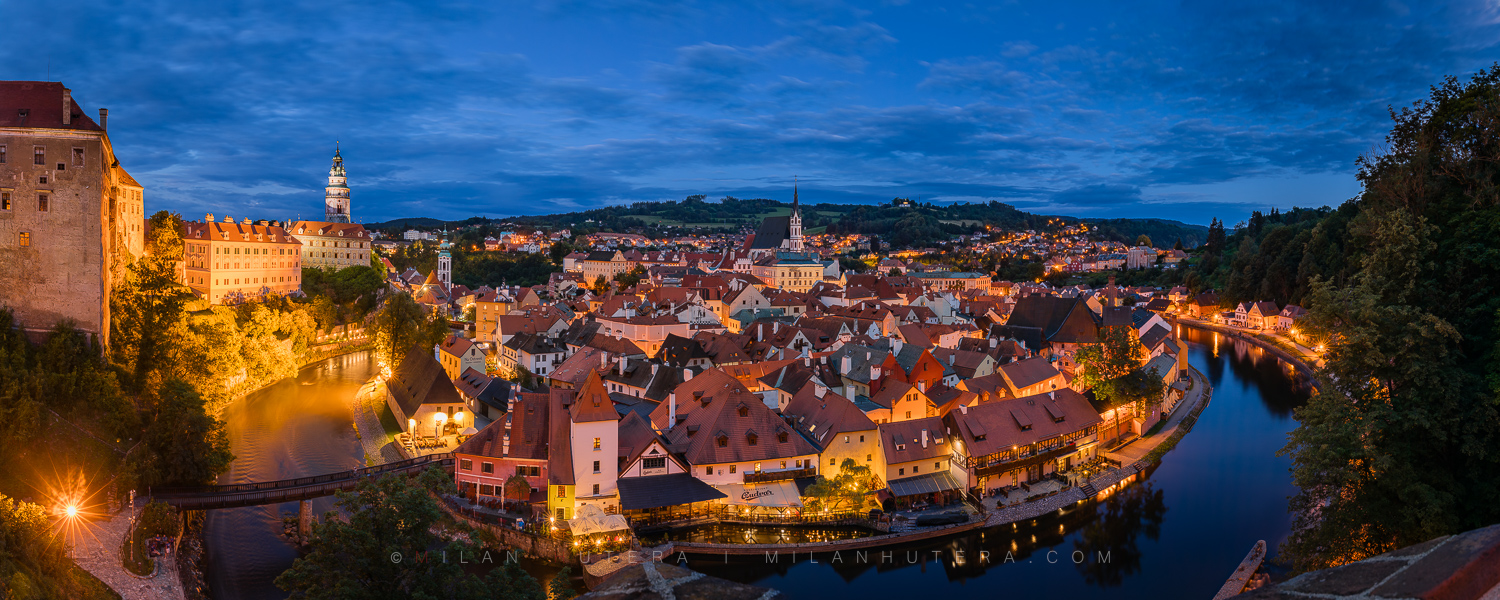 Český Krumlov panoramic photograph taken from the usually closed castle restaurant terrace during blue hour
