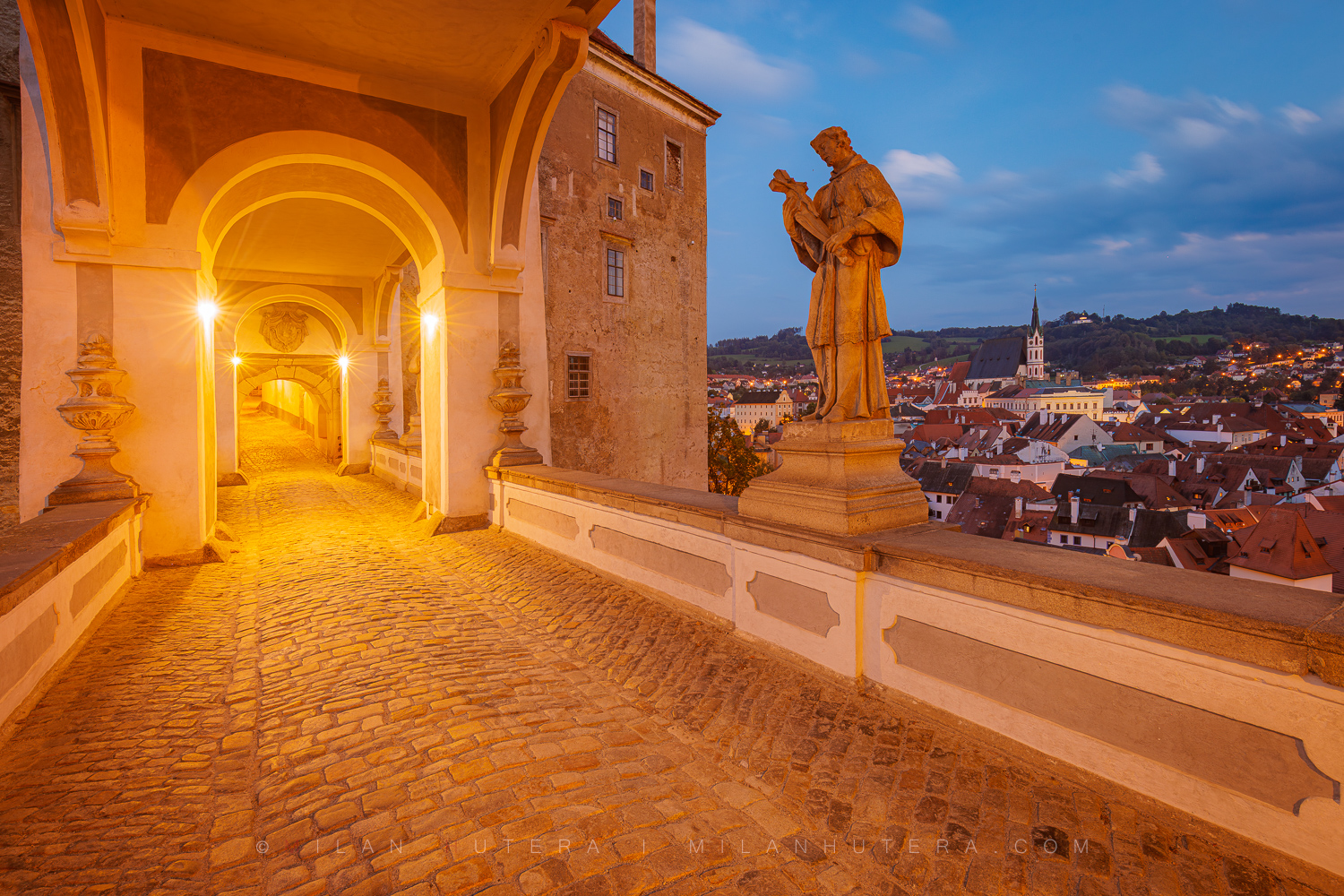 Cloak Bridge in Cesky Krumlov during blue hour - long exposure photo