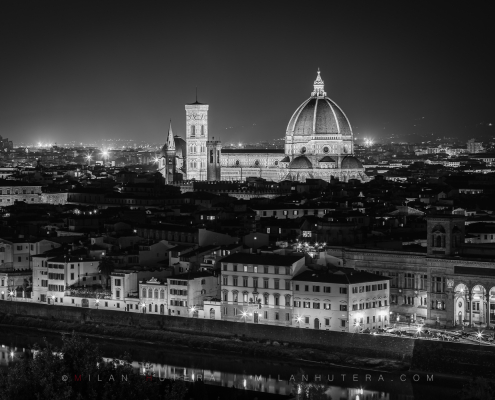 Florence night skyline view in black and white taken from Piazzale Michelangelo showing the illuminated Santa Maria del Fiore Cathedral and the city of Florence