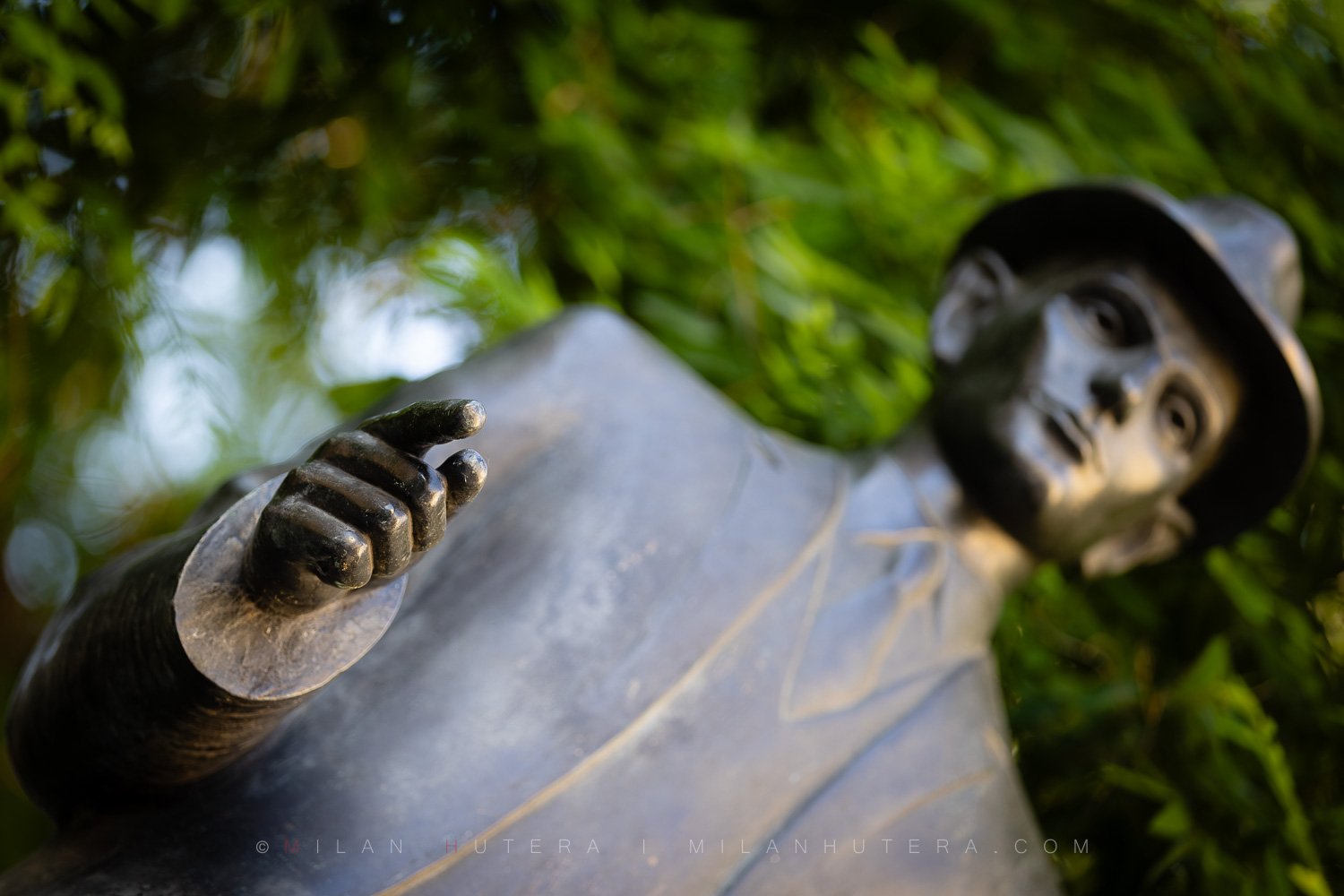 Franz Kafka Statue located next to Spanish Synagogue in the heart of Prague captured in an artistic close-up