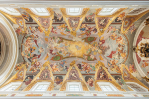 Symmetrical photograph of the Baroque Ljubljana Cathedral ceiling fresco by Giulio Quaglio