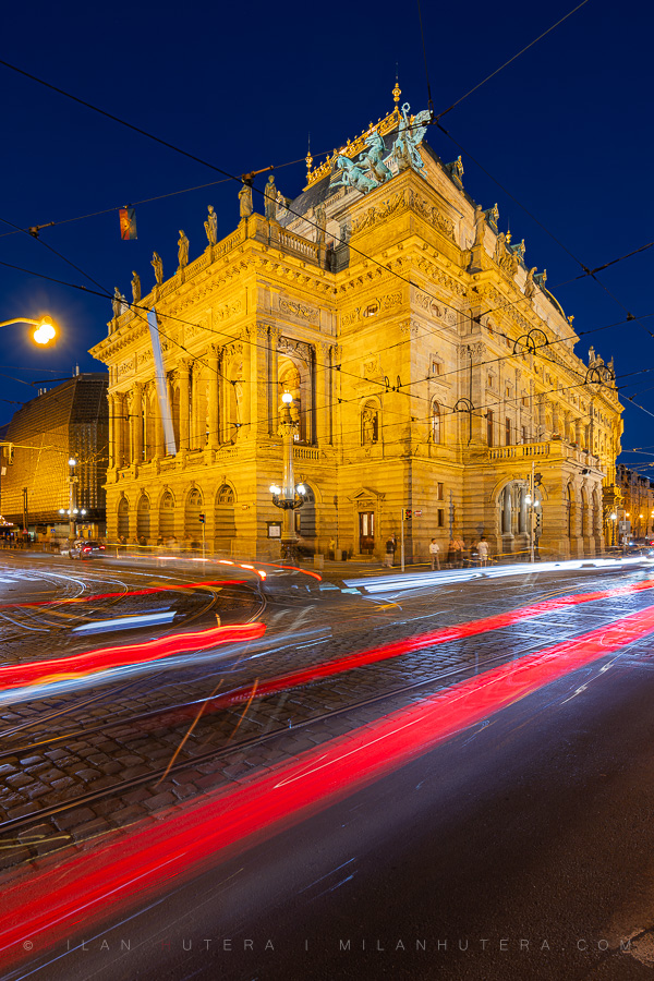 National Theatre Rush Hour in Prague captured with long exposure light trails of cars and public transport