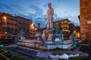 Neptune Fountain Florence blue hour view captured at dawn with empty Piazza della Signoria