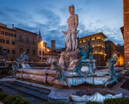 Neptune Fountain Florence blue hour view captured at dawn with empty Piazza della Signoria