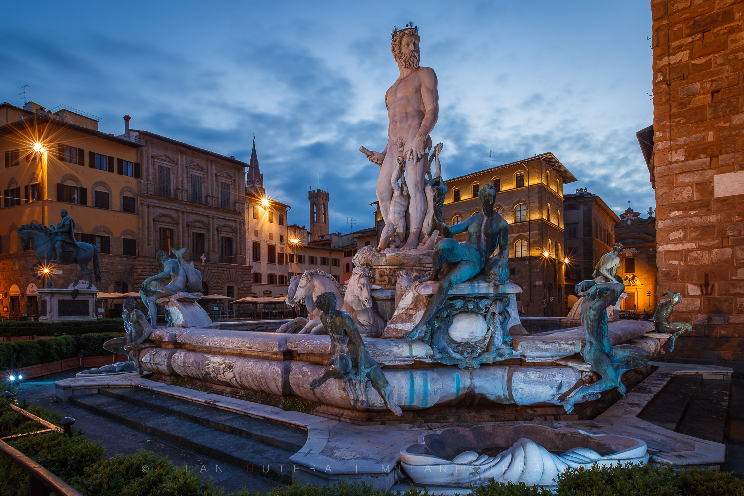 Neptune Fountain Florence blue hour view captured at dawn with empty Piazza della Signoria