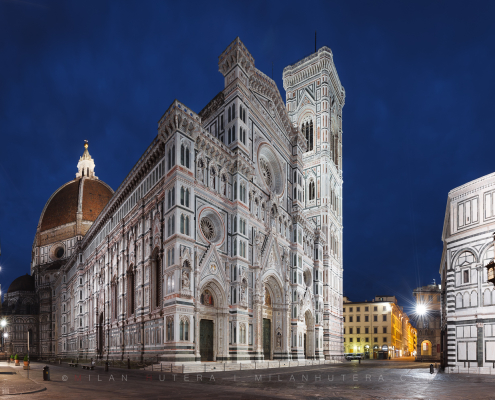 Santa Maria del Fiore blue hour view of the illuminated cathedral complex and empty streets of Florence