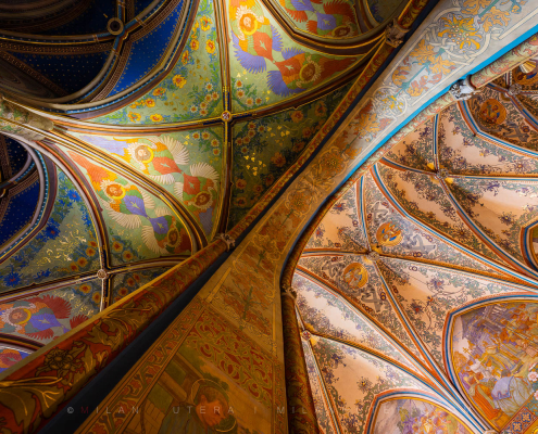 Ornate Art Nouveau ceiling murals on the Vyšehrad Basilica vaults in Prague, painted by František Urban and Marie Urbanová.