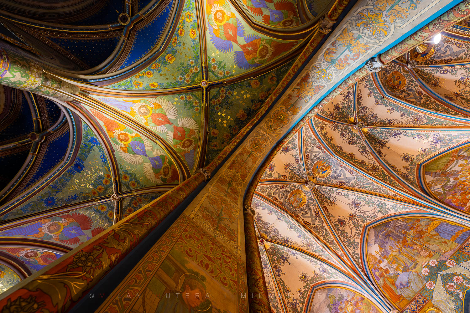 Ornate Art Nouveau ceiling murals on the Vyšehrad Basilica vaults in Prague, painted by František Urban and Marie Urbanová.