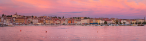 Rovinj Old Town and Marina ultra-high-resolution sunset panorama with colorful Venetian houses and harbor boats.