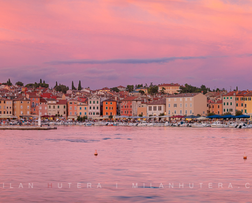 Rovinj Old Town and Marina ultra-high-resolution sunset panorama with colorful Venetian houses and harbor boats.