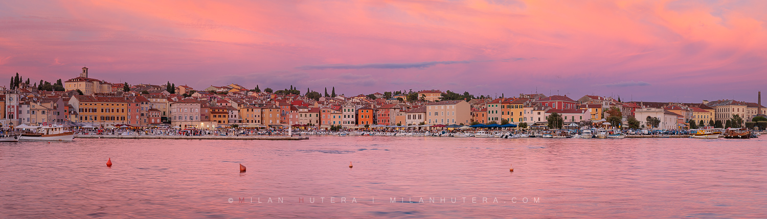 Rovinj Old Town and Marina ultra-high-resolution sunset panorama with colorful Venetian houses and harbor boats.