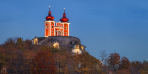 Banská Štiavnica Calvary Upper Church fully restored at blue hour in October 2018