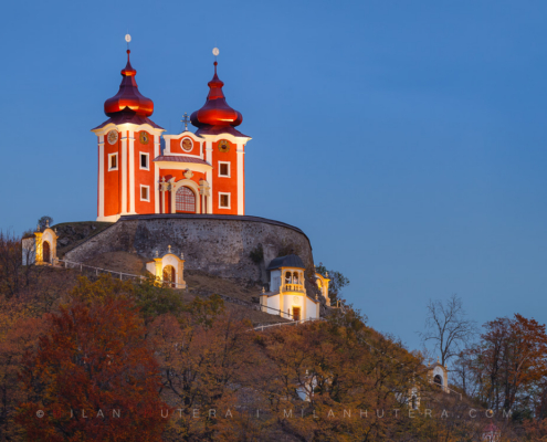 Banská Štiavnica Calvary Upper Church fully restored at blue hour in October 2018