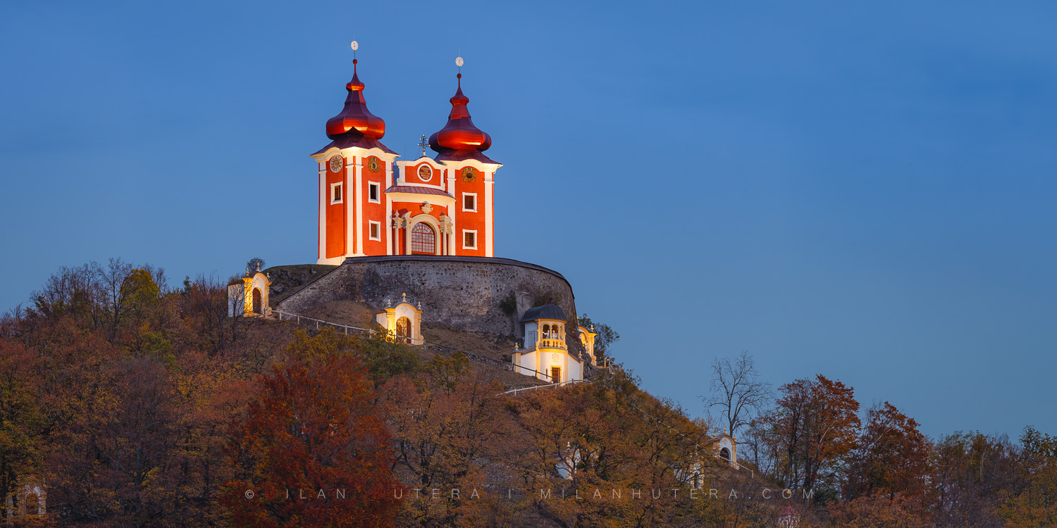 Banská Štiavnica Calvary Upper Church fully restored at blue hour in October 2018