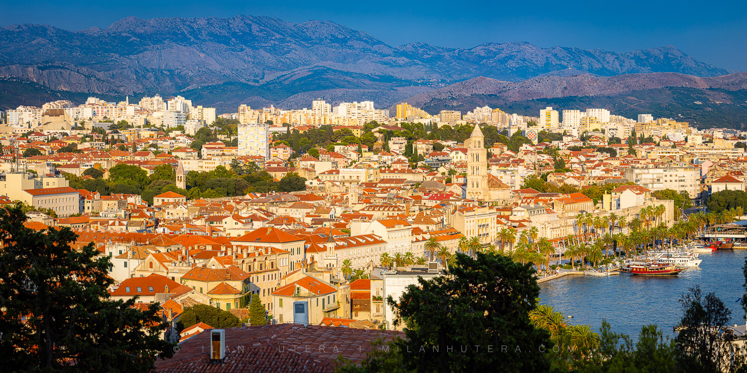 Split Afternoon Panorama, Croatia Split panorama from Marjan Hill with the historic centre, Cathedral of Saint Domnius, Riva waterfront and mountains in the background