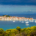 Primošten Scenic View Panorama with the historic peninsula, St. George Church, marina, Adriatic Sea and dramatic post-storm clouds